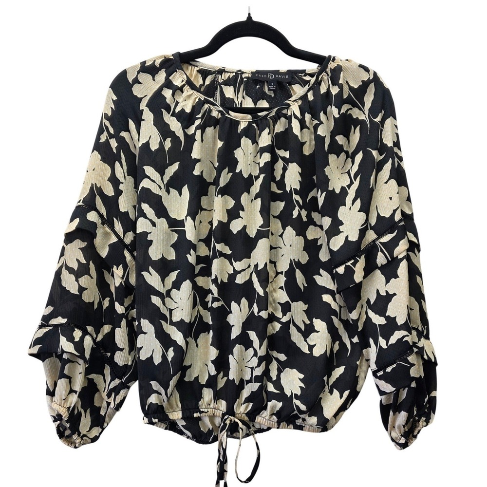 Fred David Black Cream Floral Ruffle Sleeve Blouse Size S